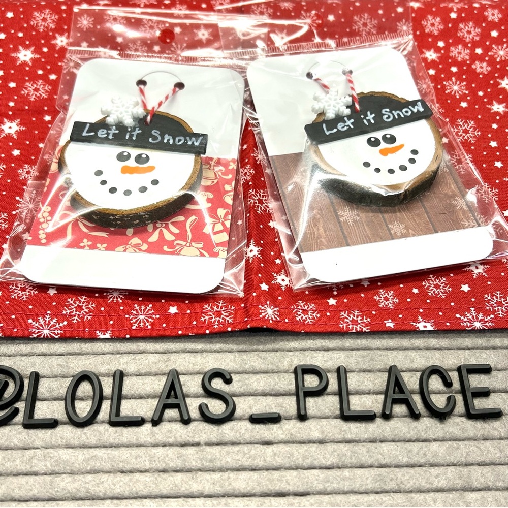 Snowman Ornaments Set of 2 Hand Crafted Wood-Let It Snow- NEW IN PKG